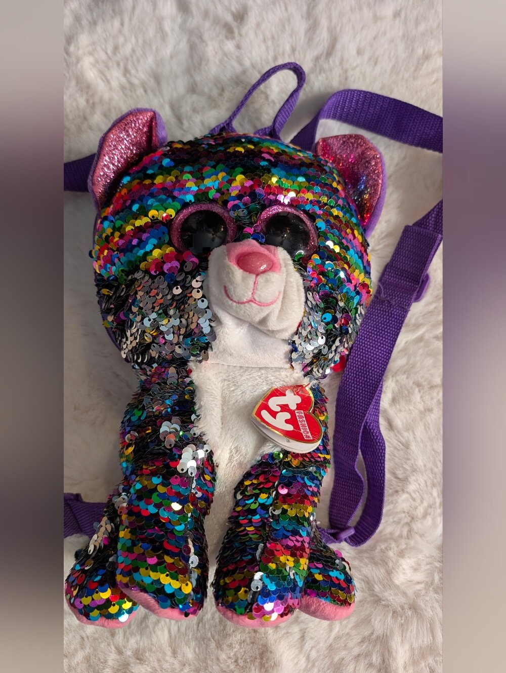 Ty Multicolor Sequin Plush Backpack - Rainbow Kitty with Purple Straps